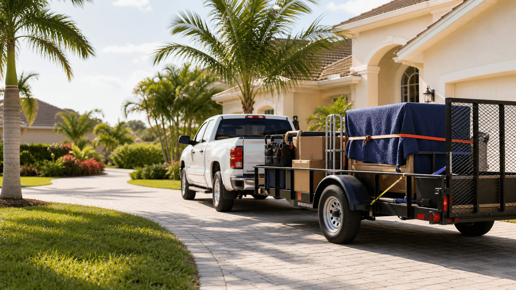 Truck and trailer parked outside a Southwest Florida home