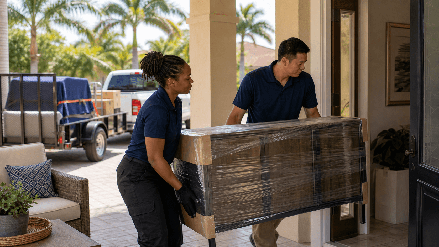 Team carrying wrapped furniture into a Florida home