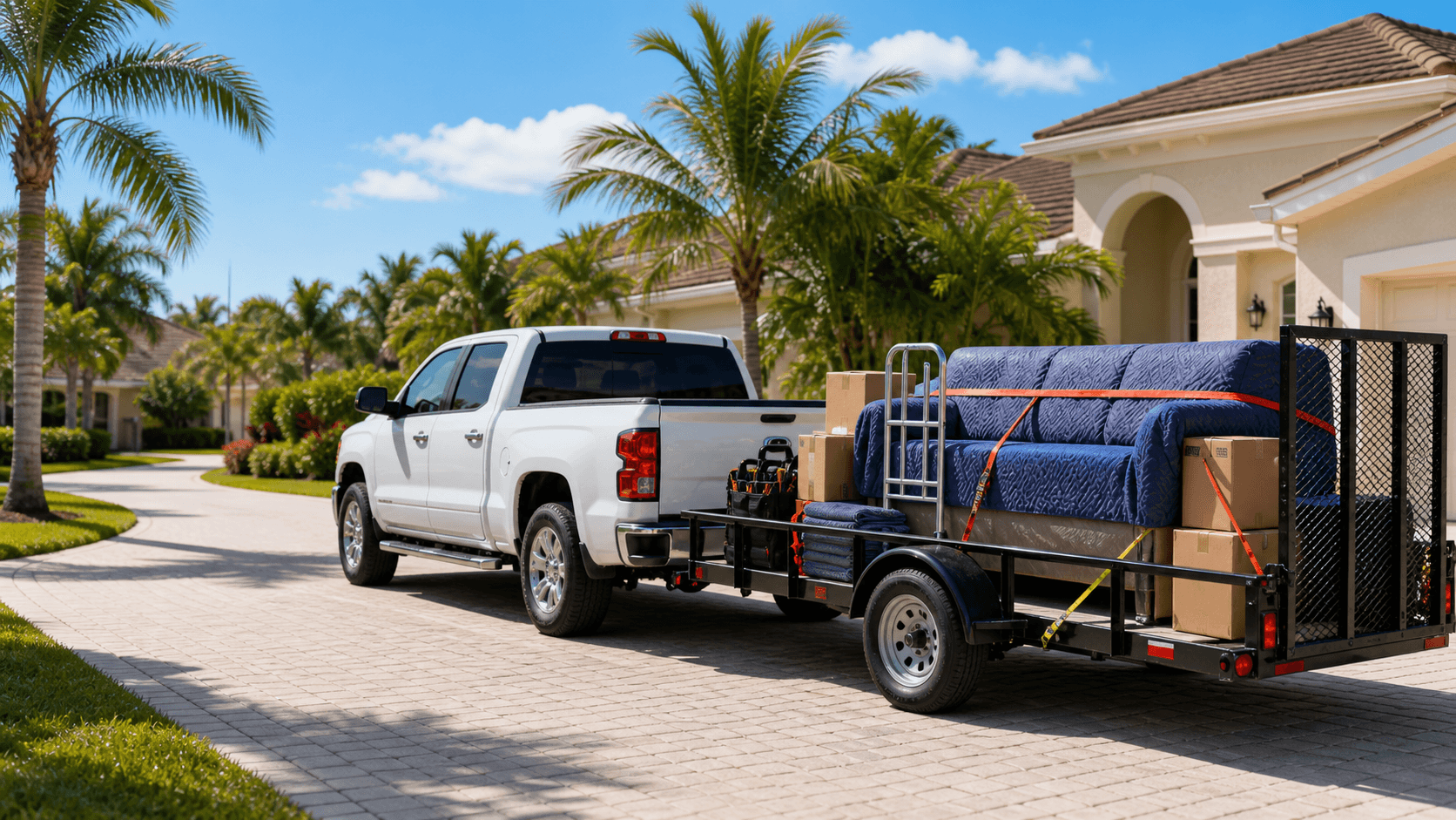 Truck and trailer loaded with furniture in front of a Florida home