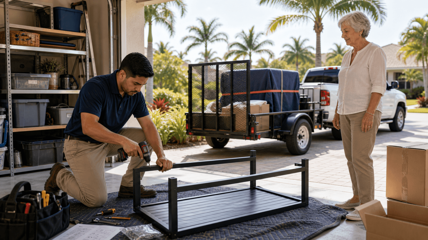 Assembling outdoor furniture at a listing in Southwest Florida