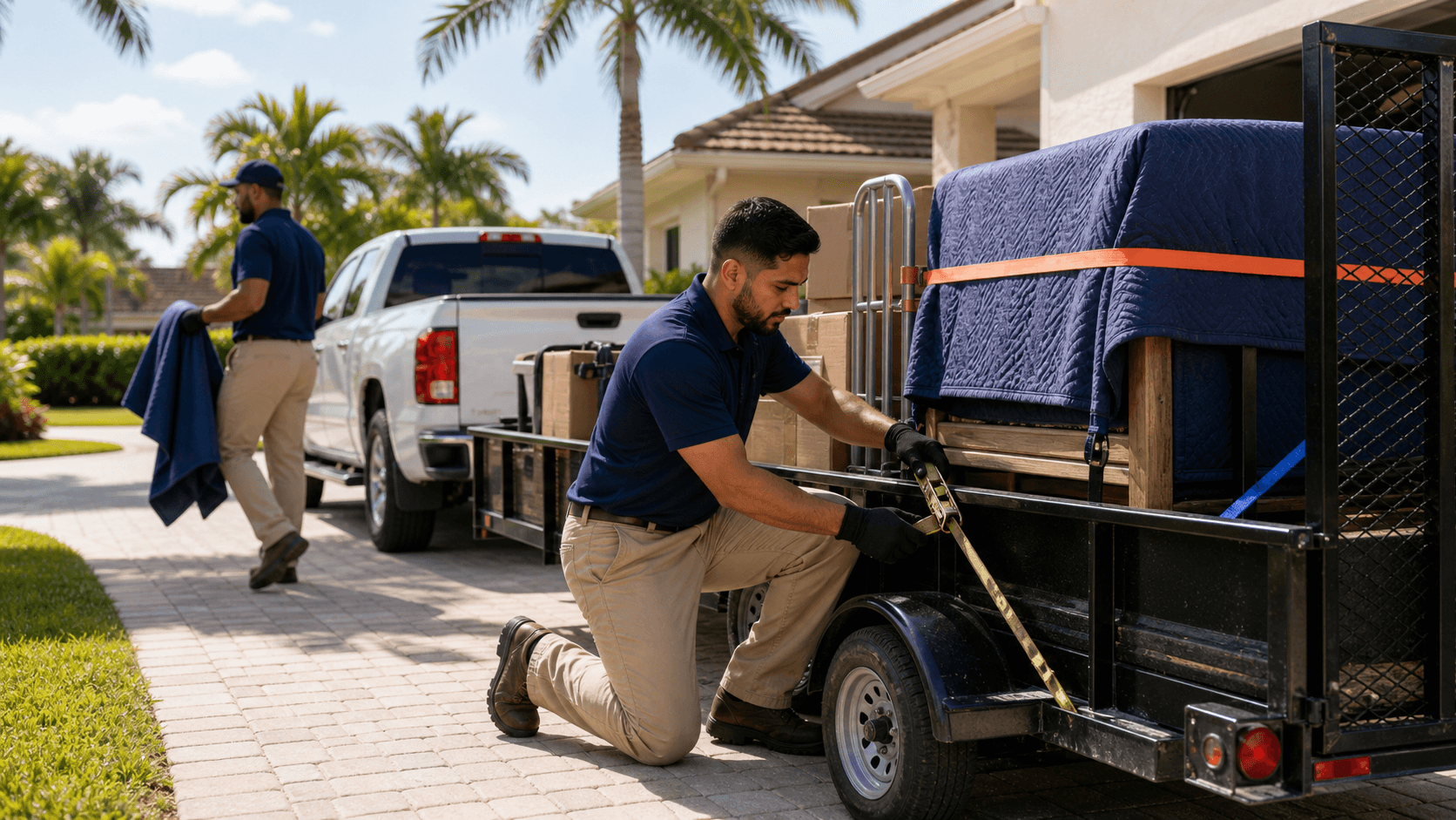 Team loading furniture onto a trailer in a Southwest Florida driveway