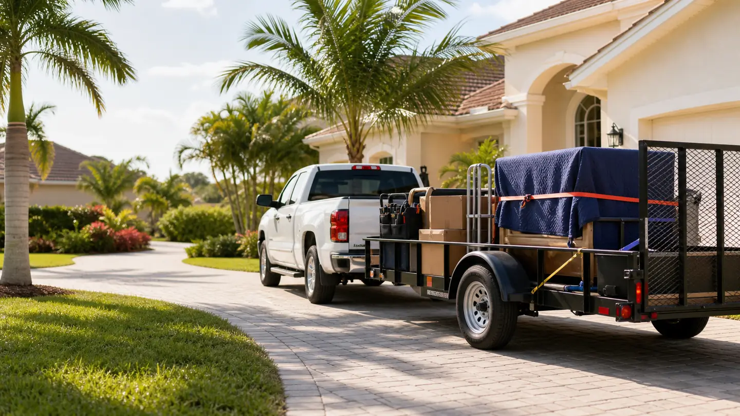 Truck and trailer parked outside a Southwest Florida home