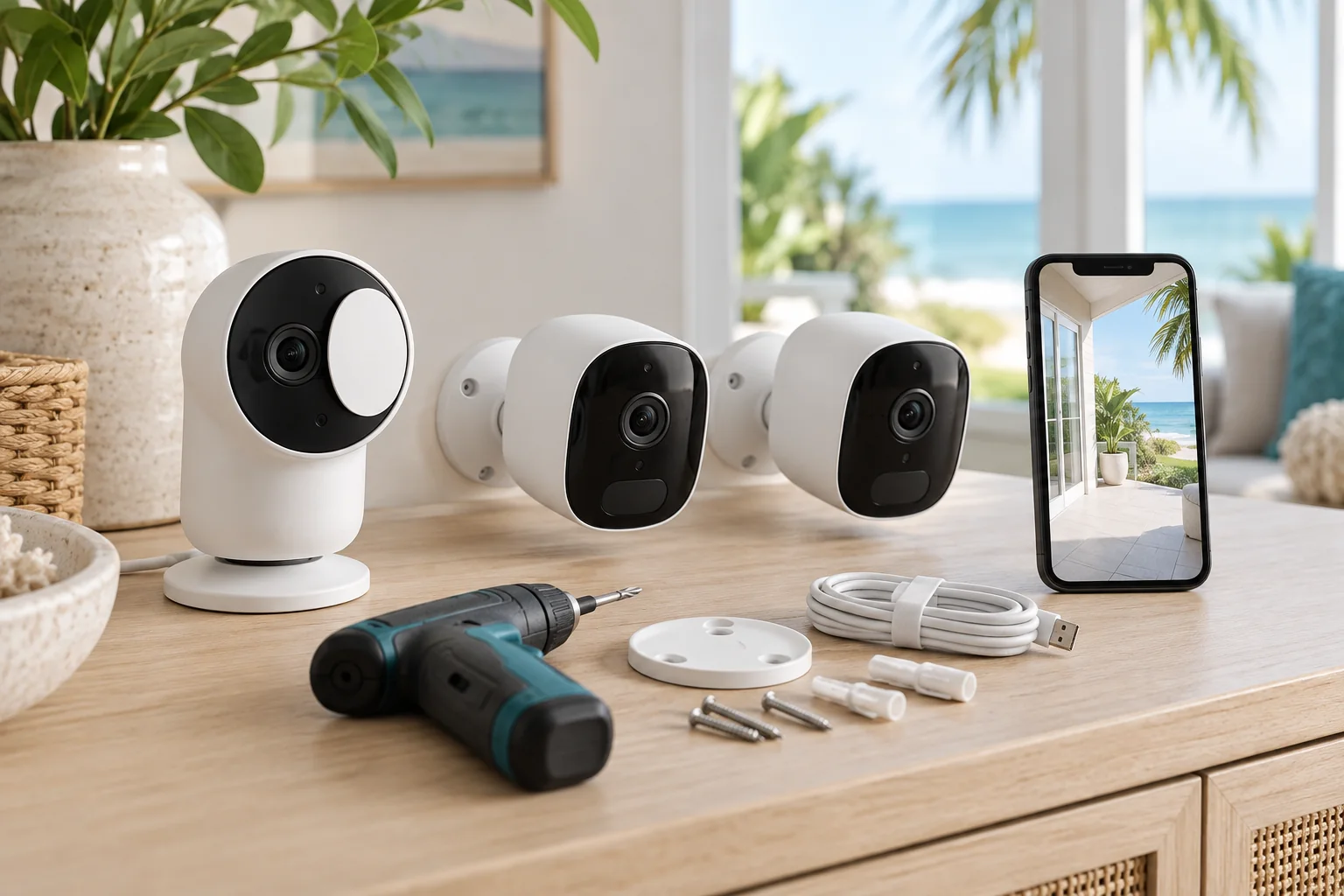 Home security camera setup kit with indoor and outdoor camera styles