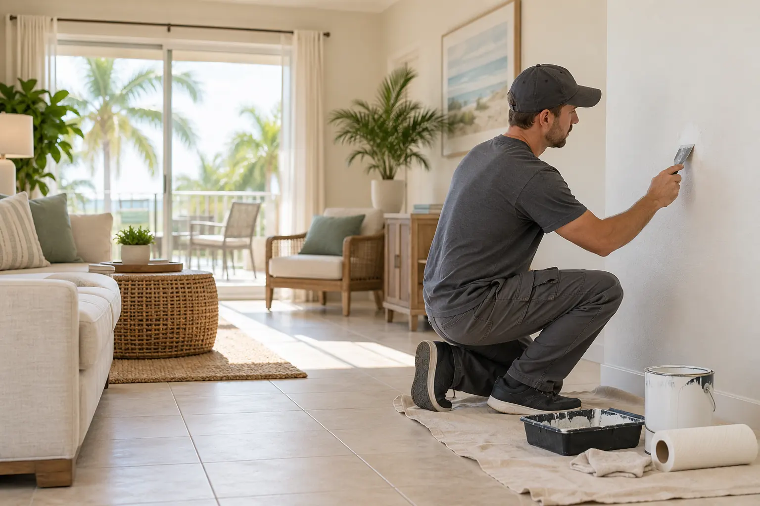 Reparación de pared durante la rotación de Airbnb Trabajador repara una pared en un alquiler vacacional luminoso del suroeste de Florida entre huéspedes