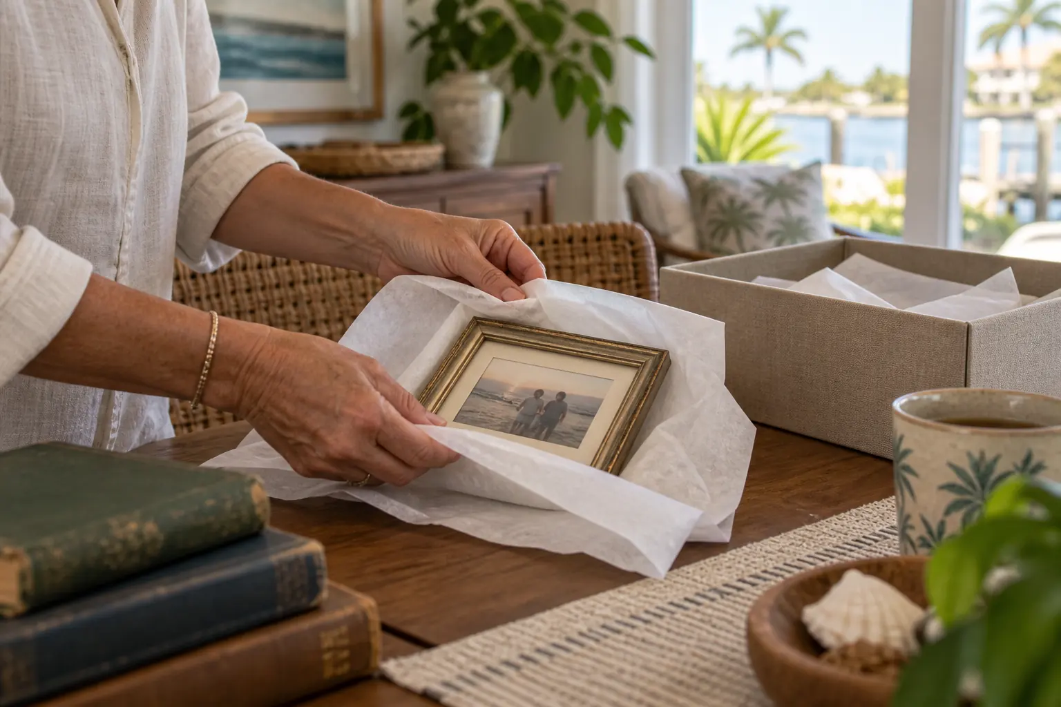 Setting keepsakes aside Hands wrap a small framed family photograph beside an open keepsake box