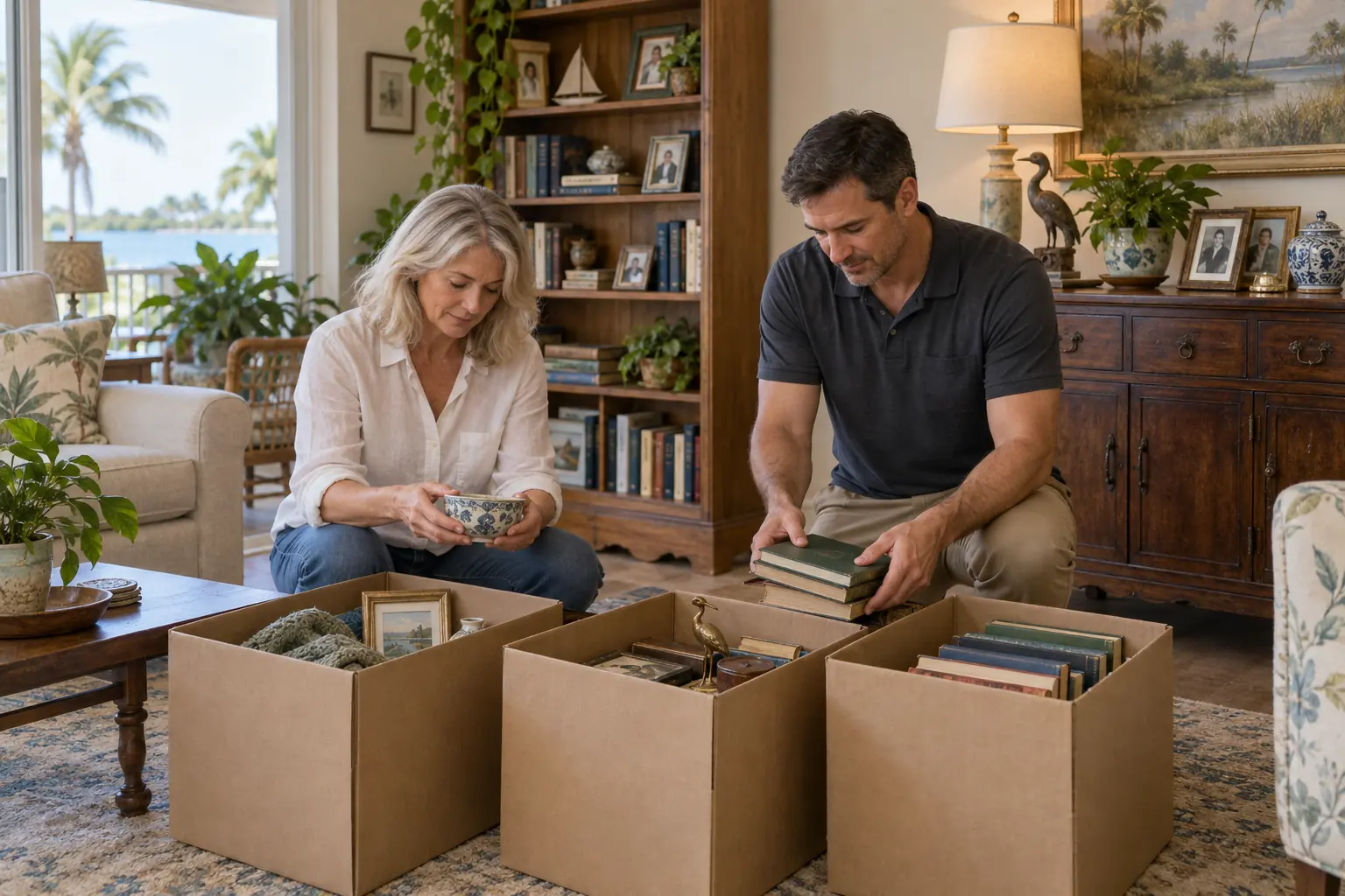 Sorting a family home with care An adult daughter and a helper sort books and keepsakes into small boxes in a family living room