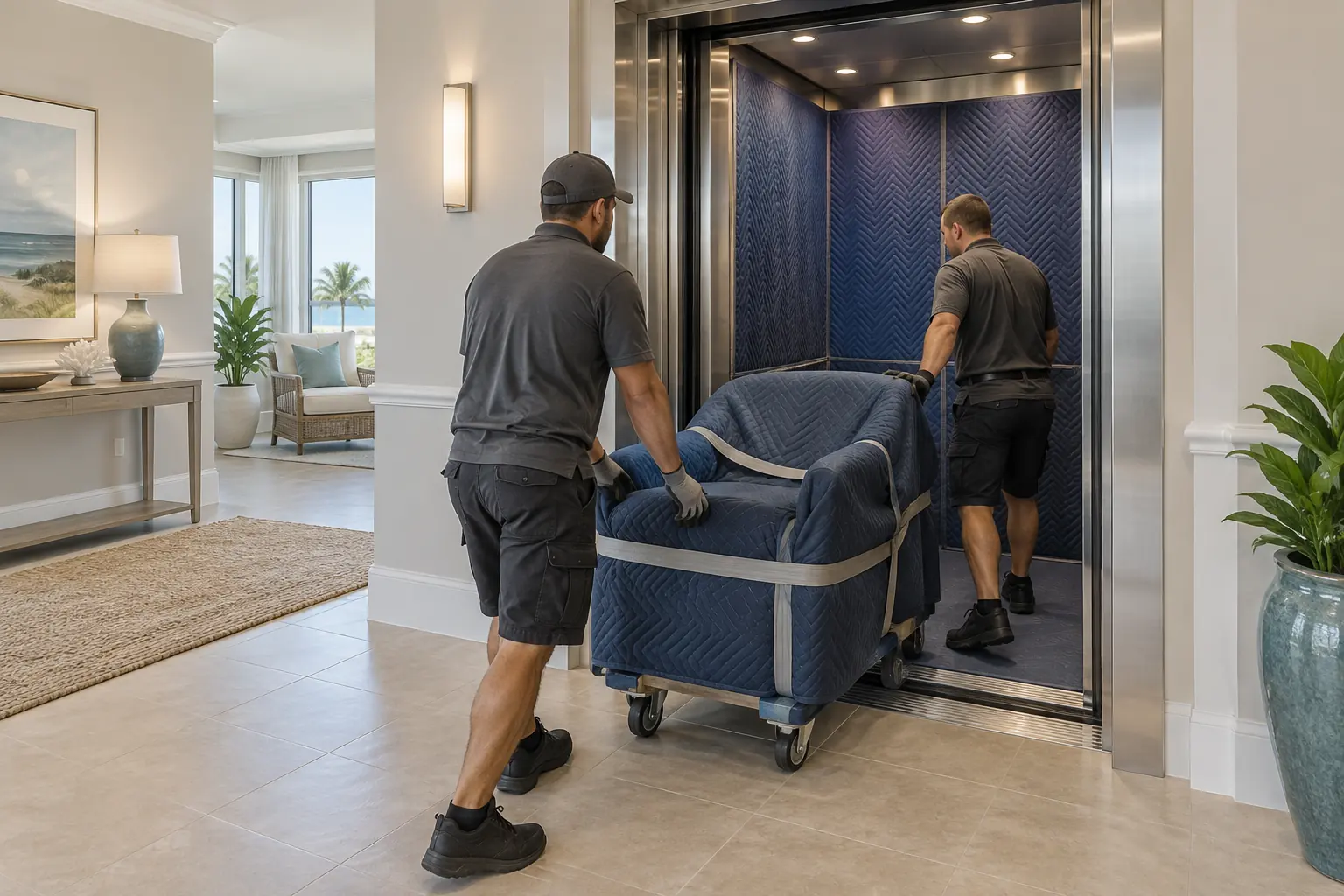 Protecting shared spaces Two movers guide a wrapped armchair into a padded building elevator using a dolly