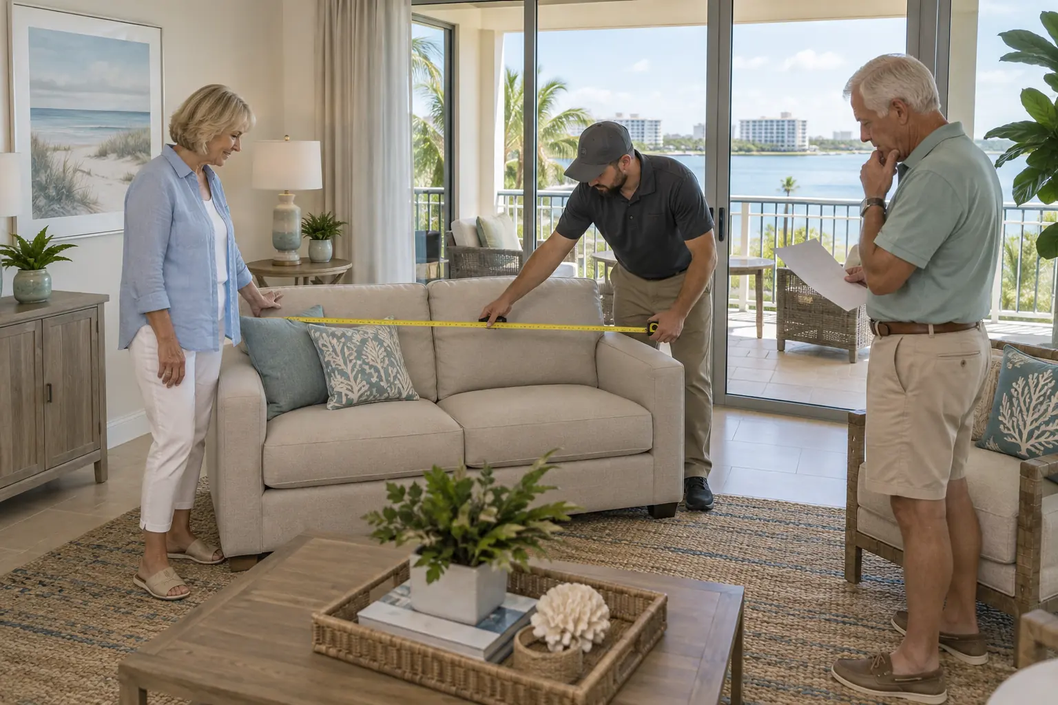 Planning a smaller space An older couple and a moving helper measure a sofa in a bright condo living room
