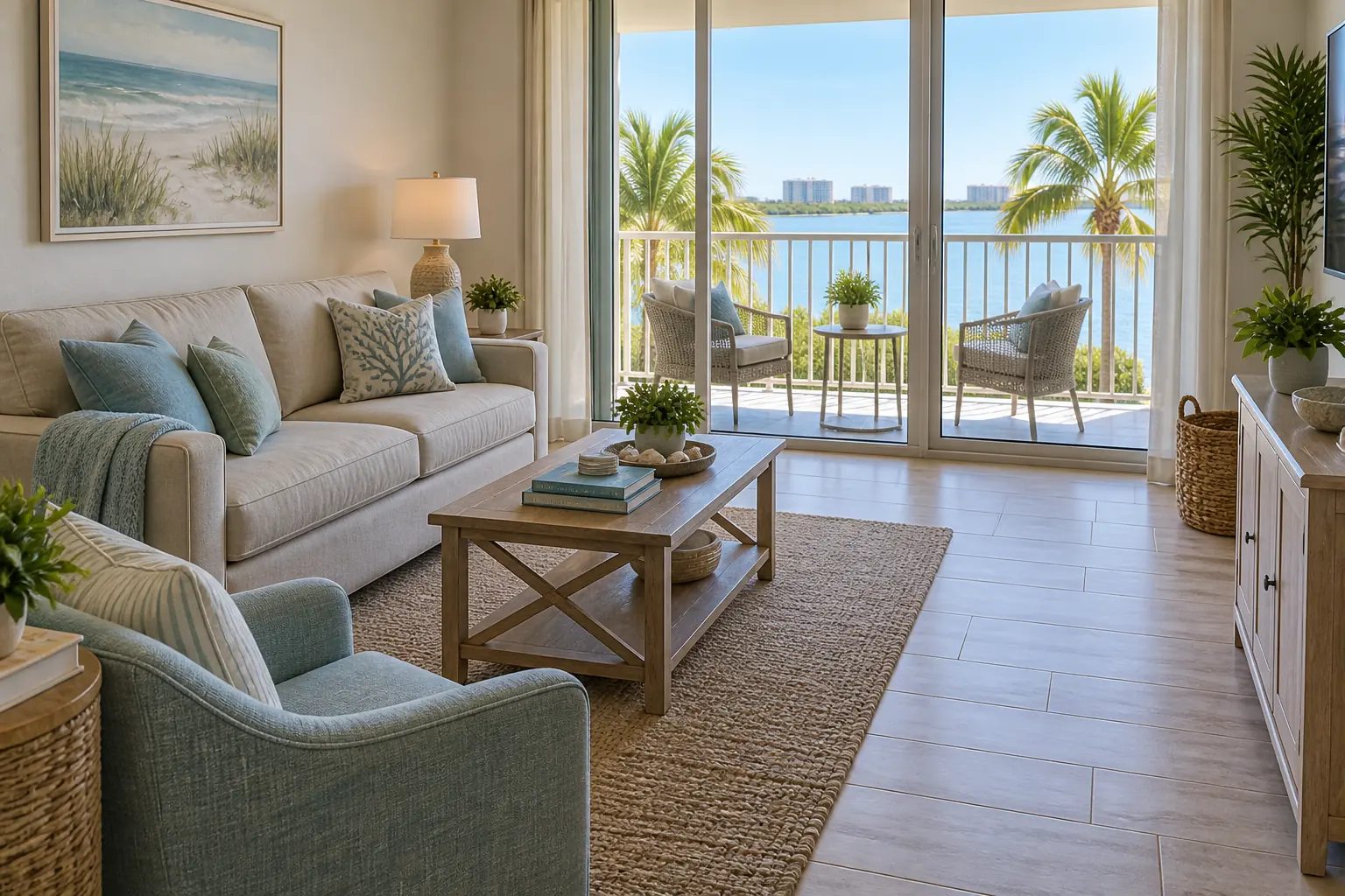 Settling into the condo A compact coastal condo living room has thoughtfully arranged furniture and a clear walkway