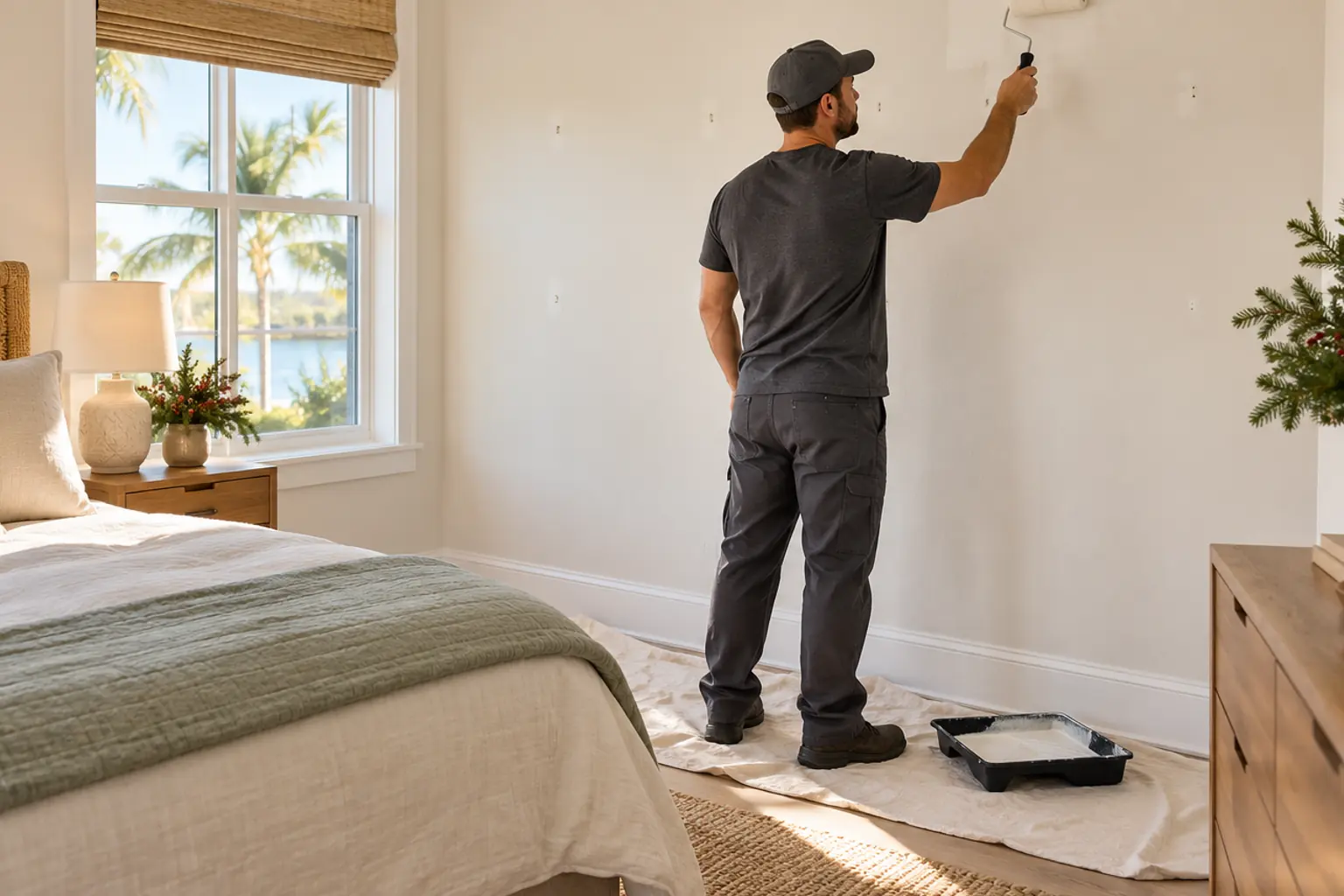 Pintura fresca para el cuarto de huéspedes Pintura blanca cálida y decoración estacional en un cuarto de huéspedes ordenado de Florida