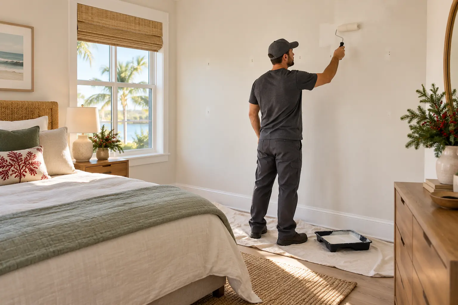 Refresco de pared para las fiestas Trabajador pinta una pared reparada de un cuarto de huéspedes en una casa de Florida lista para las fiestas