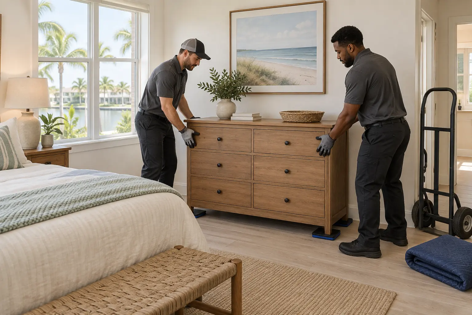 Delivery to the right room Two workers position a wooden dresser in a bright coastal bedroom