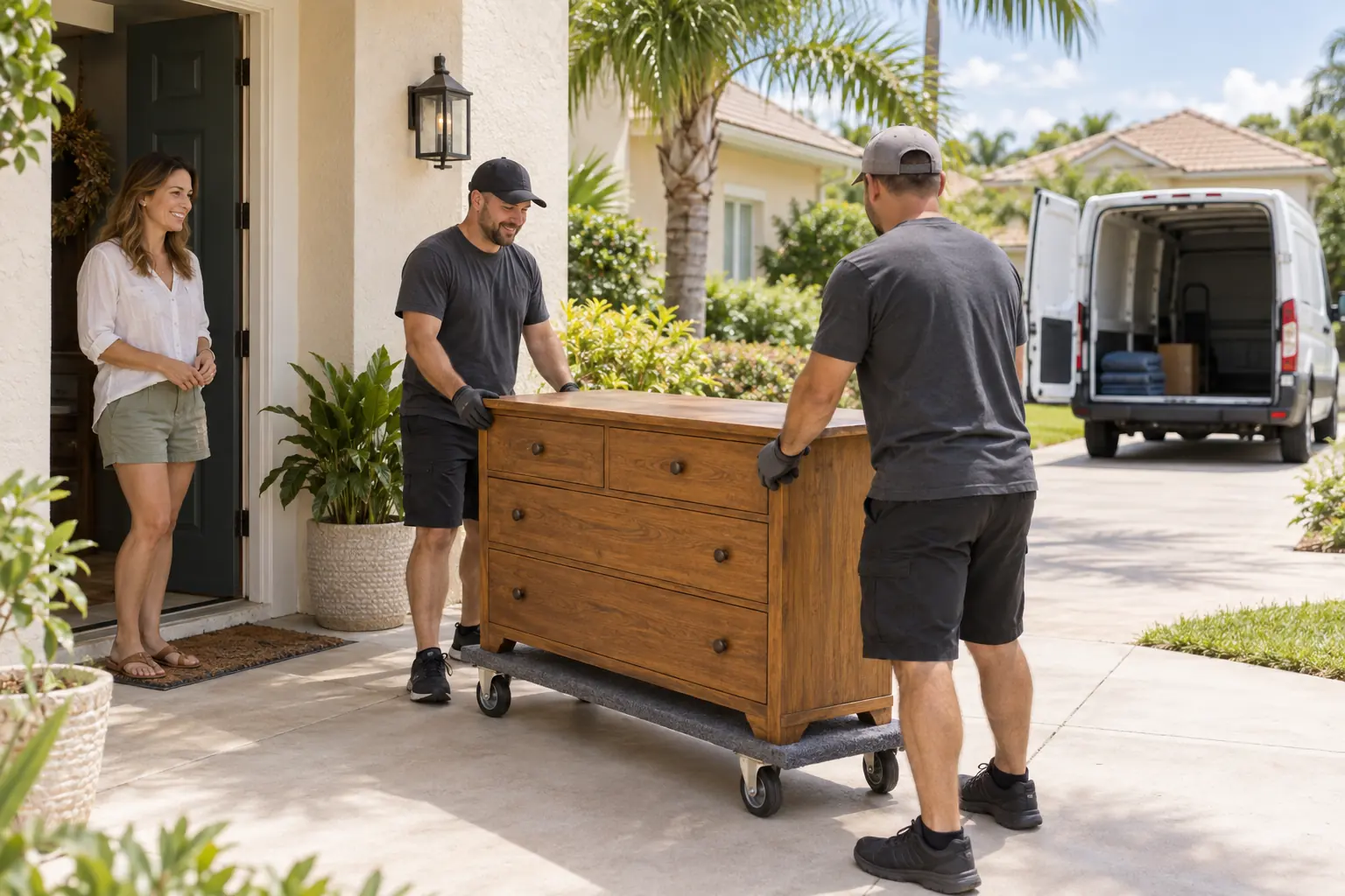 Collecting a secondhand find Two workers collect a wooden dresser from a seller outside a Florida home