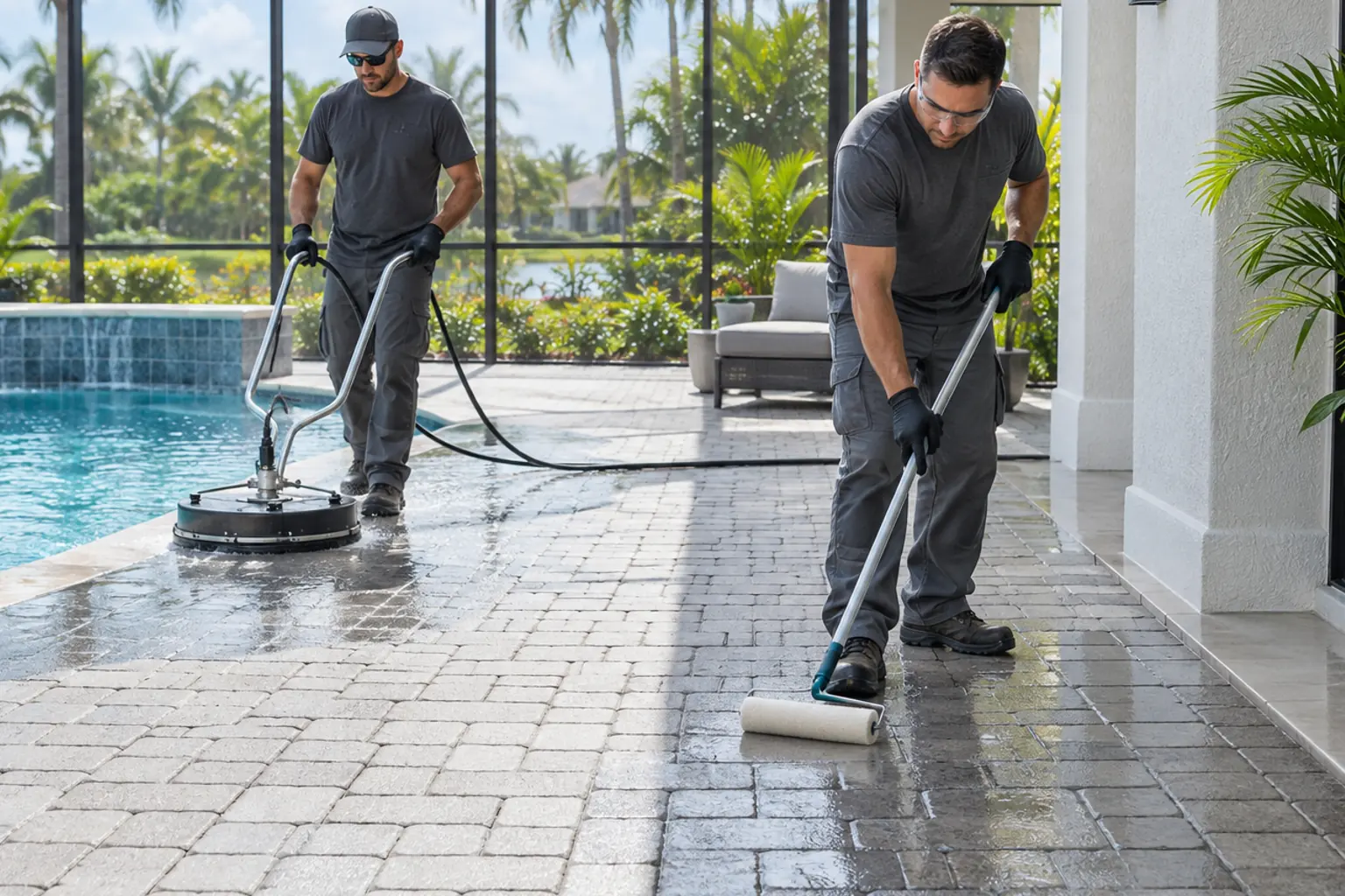 Sellado de deck limpio Trabajador aplica un recubrimiento transparente a adoquines limpios en un deck soleado de Florida