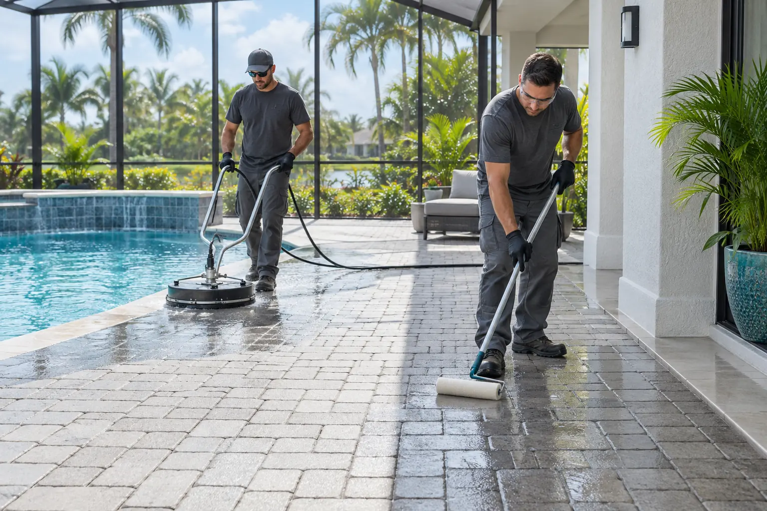 Retiro de moho en deck de piscina Dos trabajadores limpian y sellan adoquines en un deck de piscina con lanai en Florida