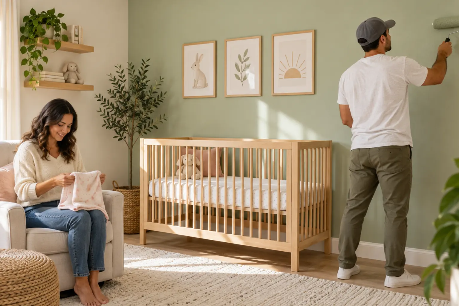 Bordes limpios en el cuarto del bebé Trabajador aplica pintura junto a la moldura del cuarto infantil con luz suave de Florida