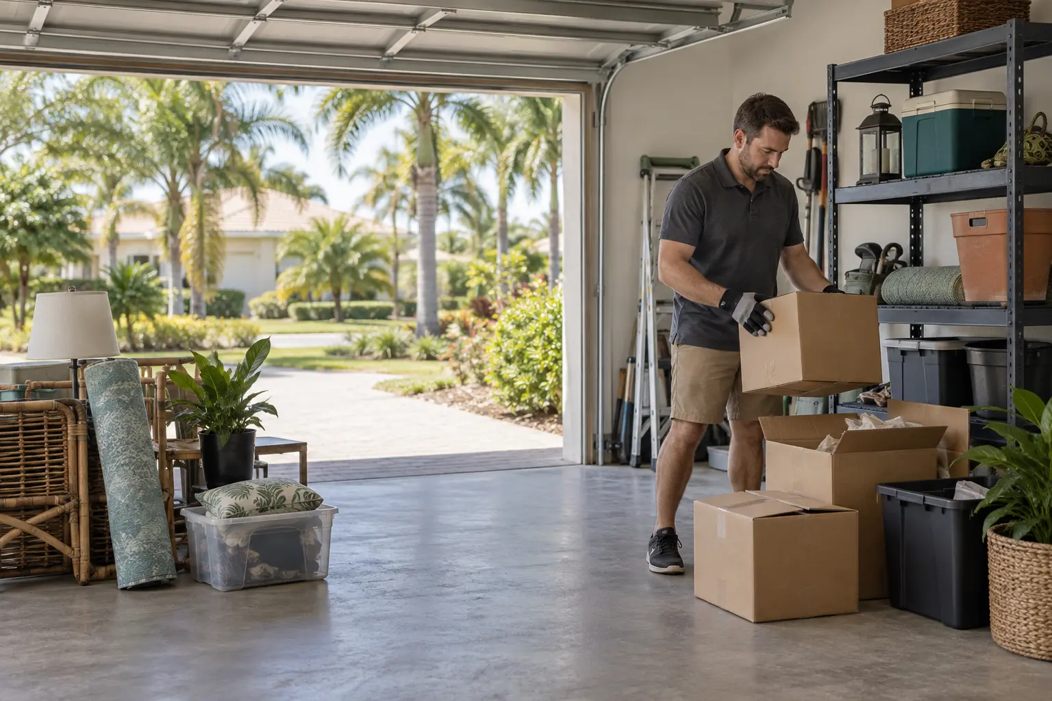 Clearing a garage for move-in A worker sorts a few leftover boxes and a shelving unit in a bright residential garage