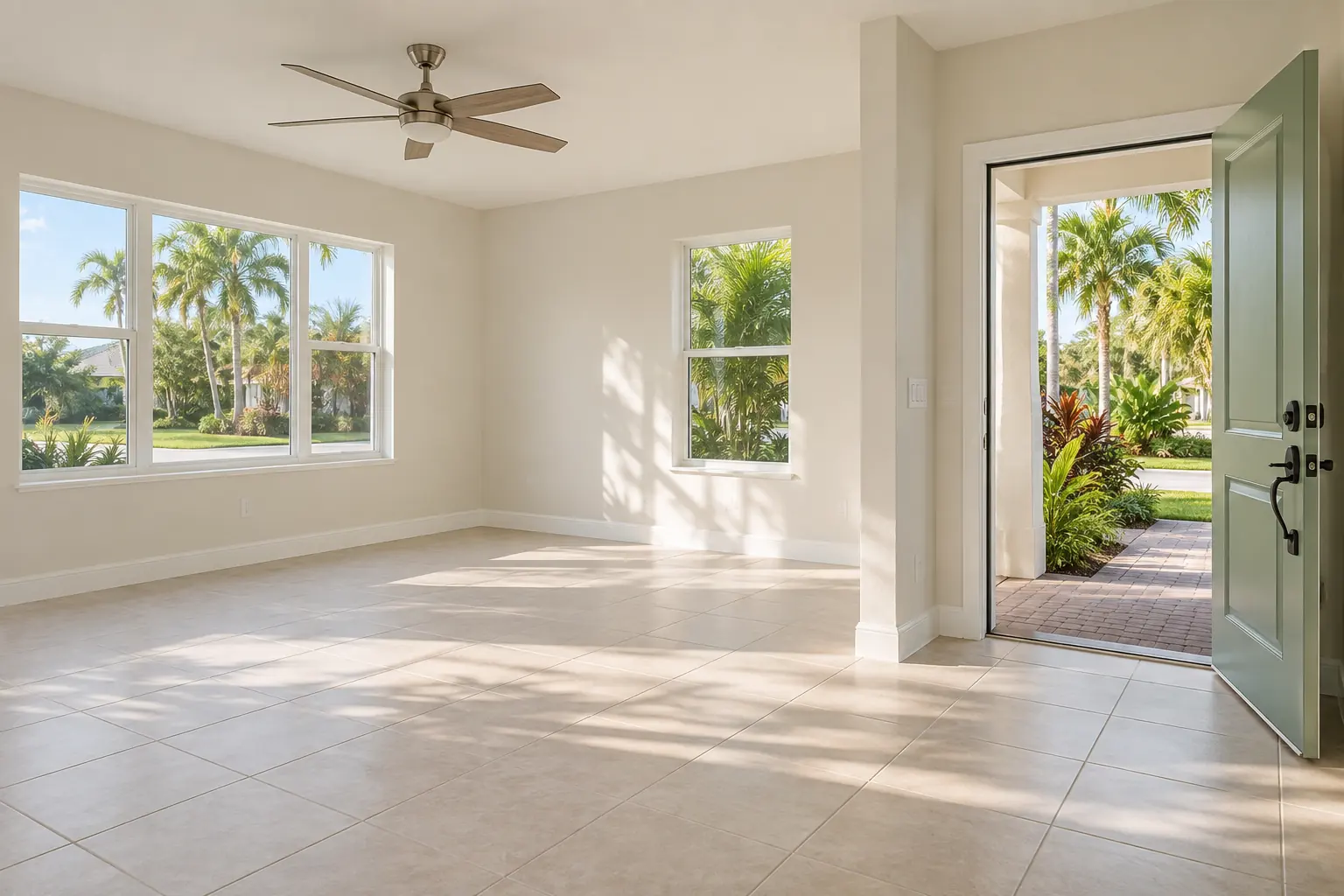 A room ready for the next chapter An empty swept living room with bright windows and a clear route to the front door