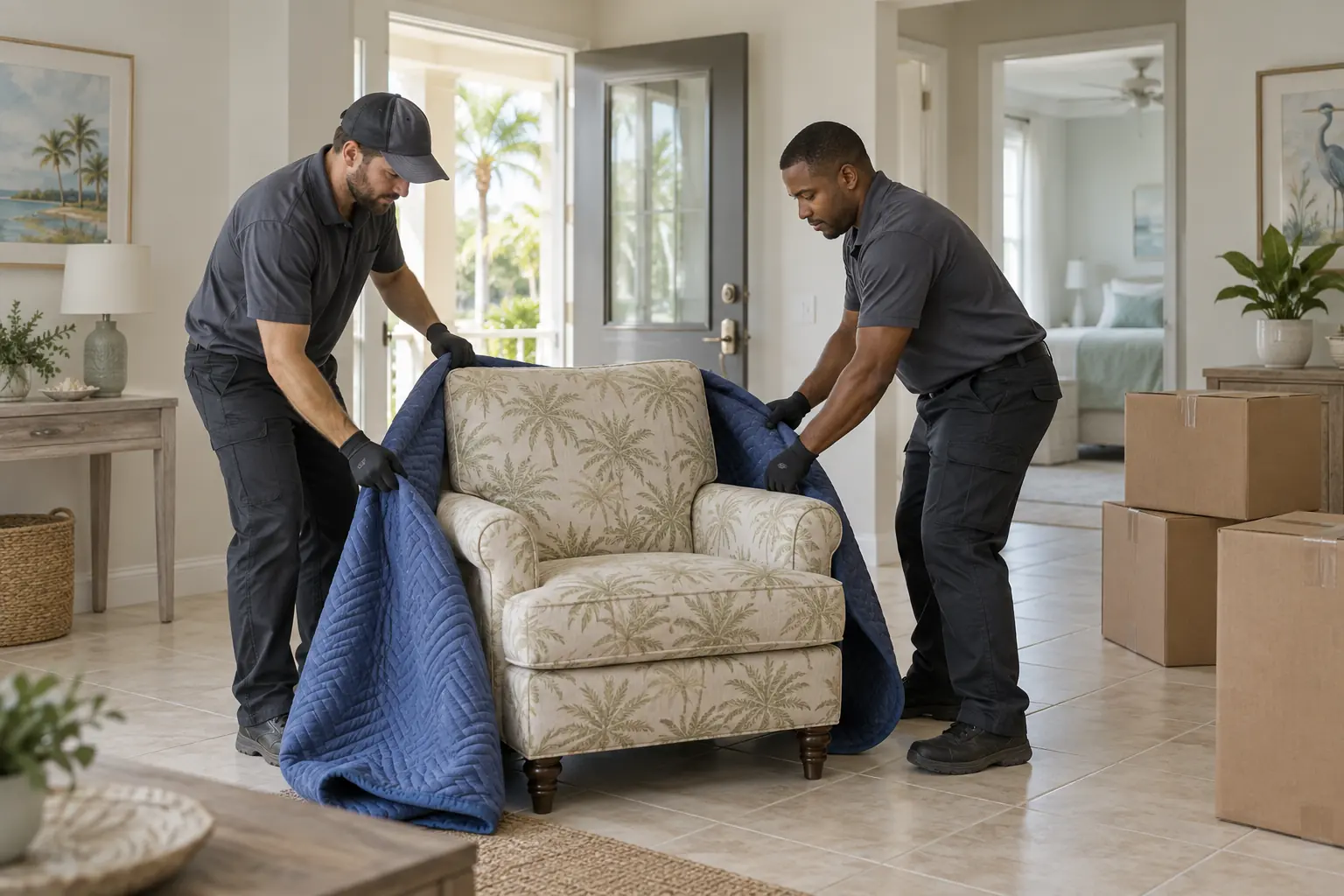 Clearing what the seller left Two workers prepare to remove an unwanted armchair from a recently purchased home
