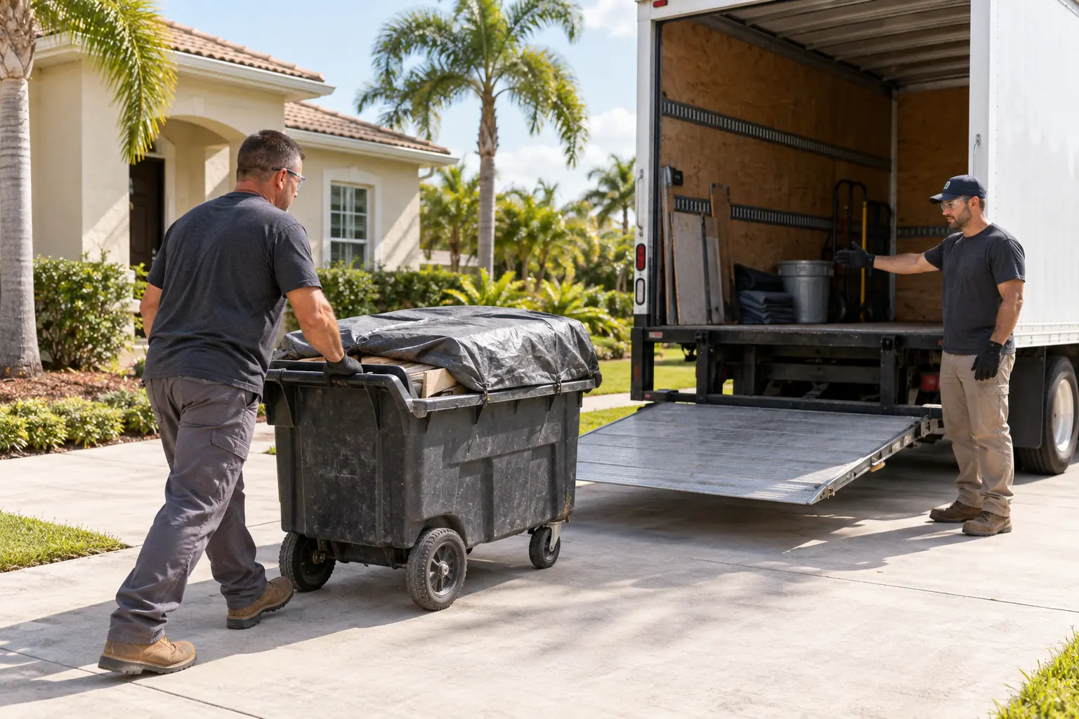Loading debris in manageable batches A worker wheels a small covered debris cart toward an open truck outside a home under renovation