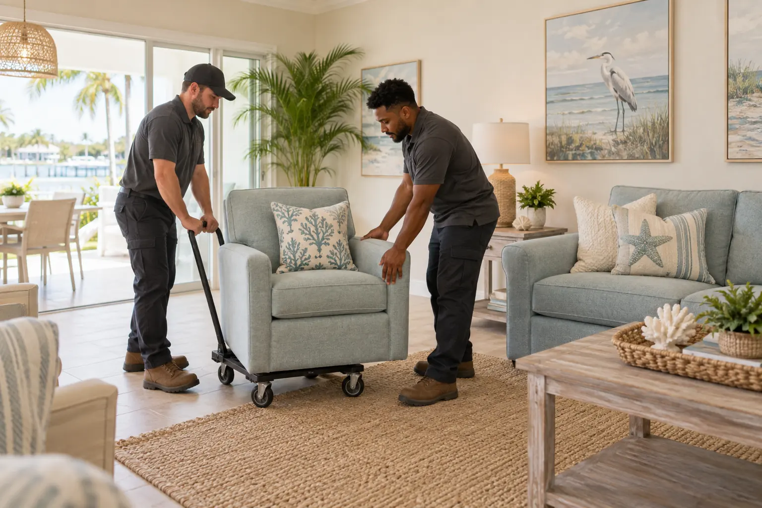 Replacing a worn item Two workers carefully move a replacement armchair into a furnished vacation rental