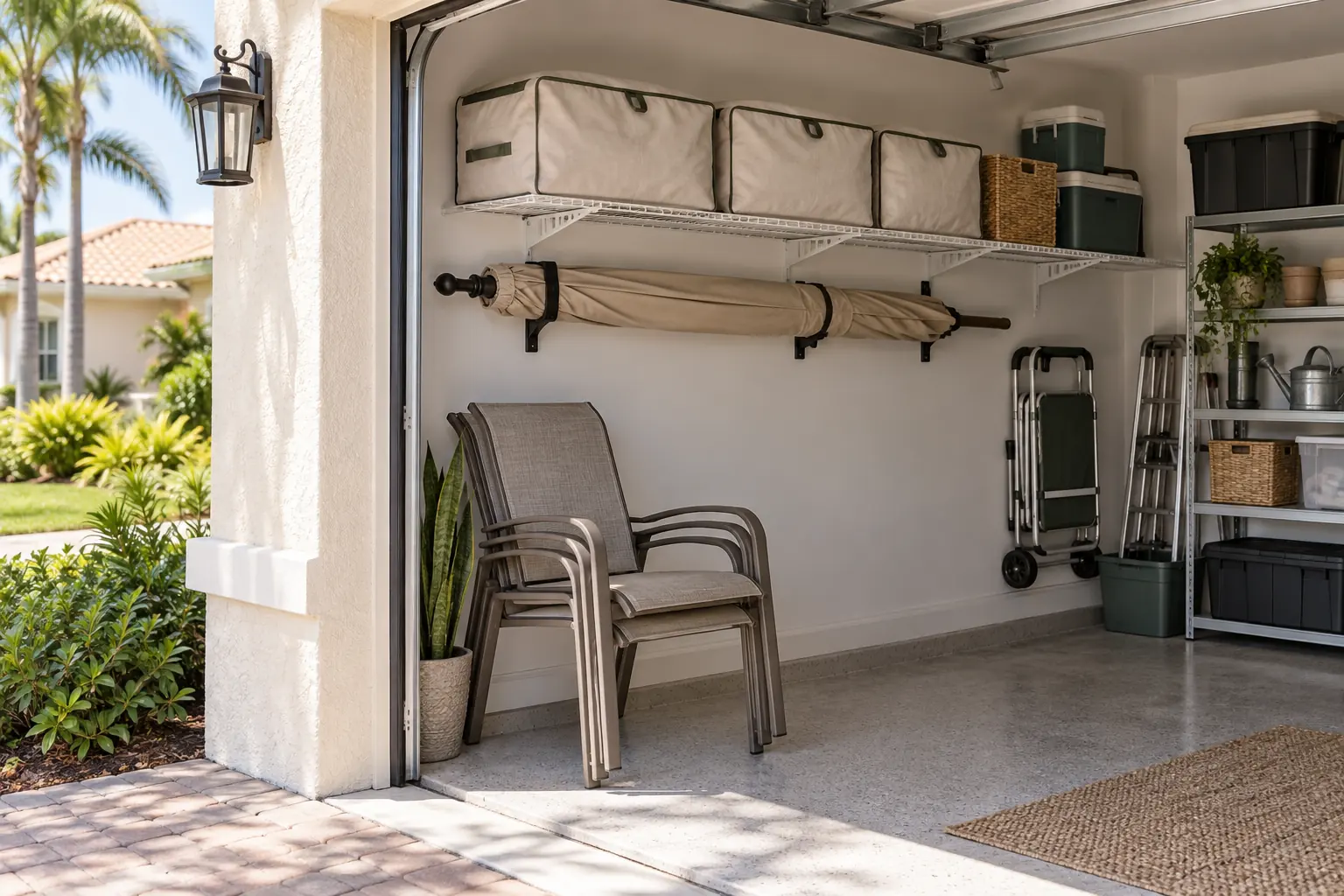 Organized seasonal storage Patio chairs, cushion bags and a folded umbrella are organized in a dry garage