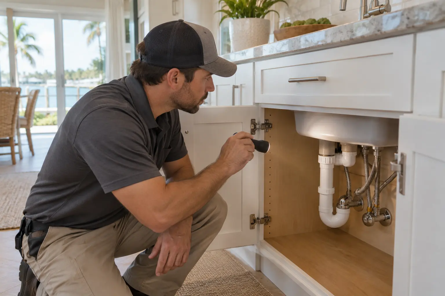 A careful visual check A worker uses a flashlight to visually inspect the dry cabinet beneath a kitchen sink