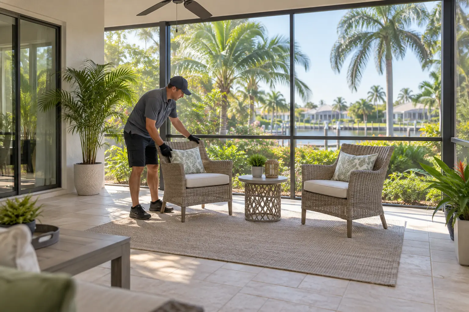 Setting up the lanai A worker arranges woven patio chairs inside a bright screened lanai