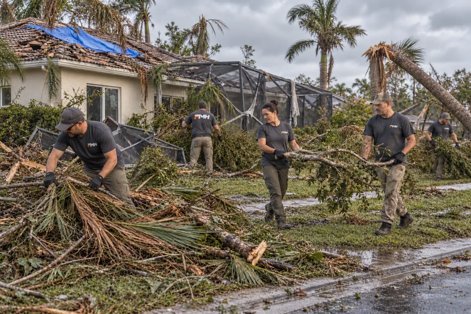 Storm debris cleanup in SWFL Five workers in FMH shirts clear hurricane debris outside a Florida home with roof and lanai damage
