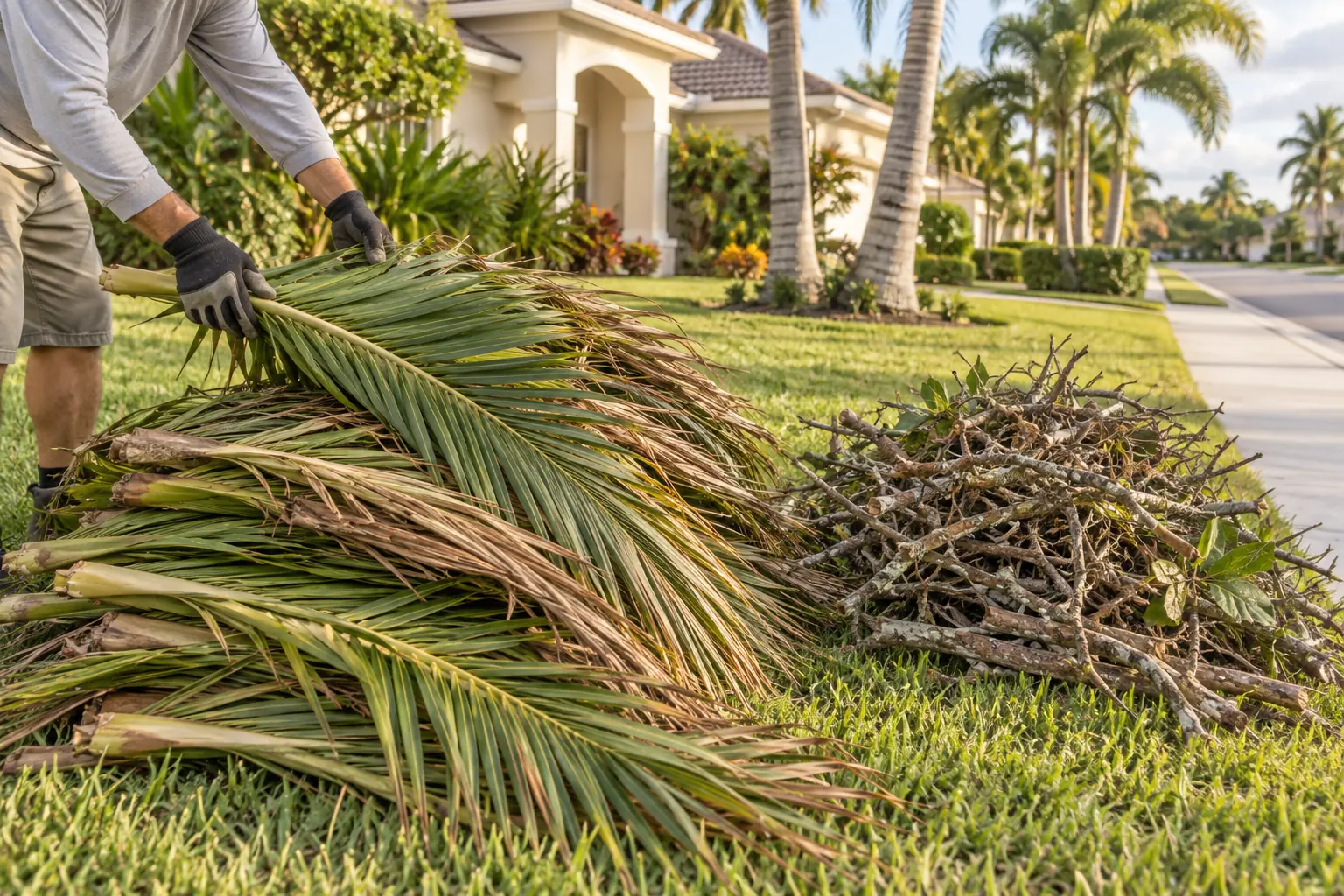 Sorting branches and palm fronds Gloved hands place a palm frond beside a separate pile of branches on a grass verge
