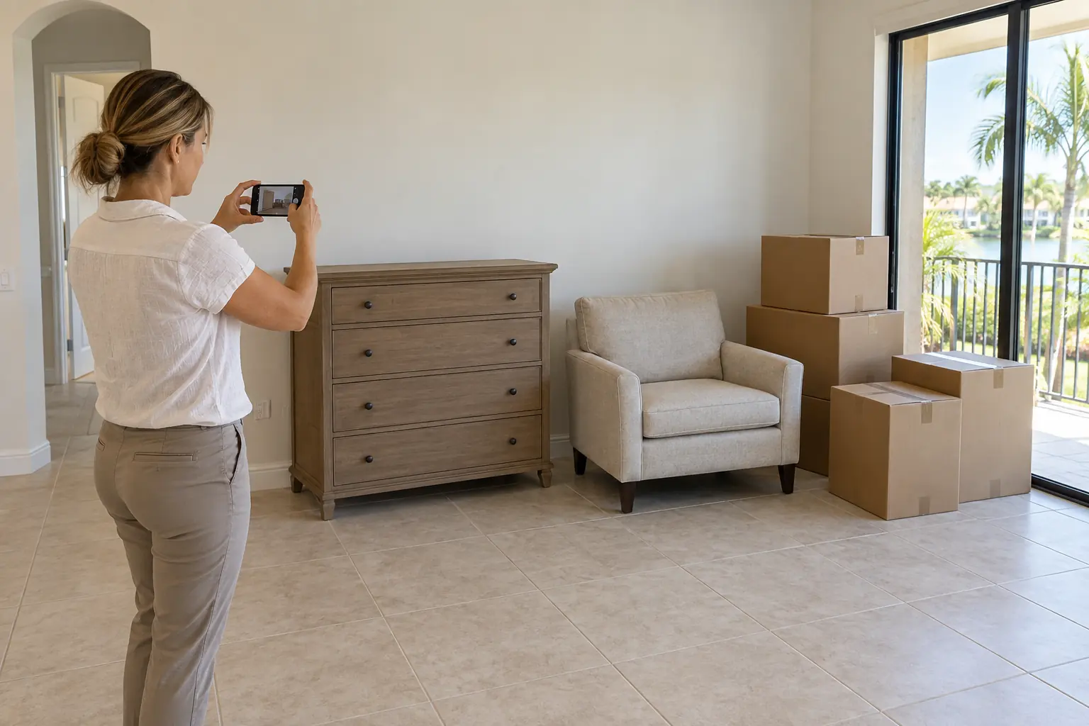 Documenting items left behind A property manager photographs a small group of furniture and boxes in a vacant rental