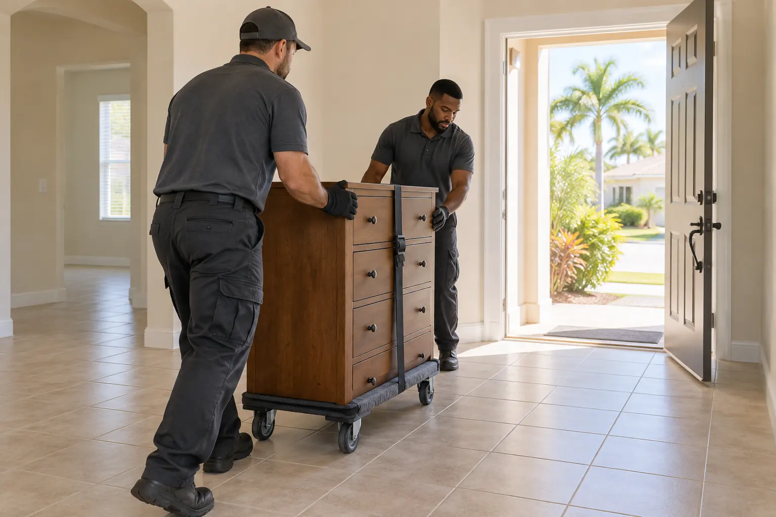 An organized property clear-out Two workers wheel a secured dresser toward the open door of a vacant rental home