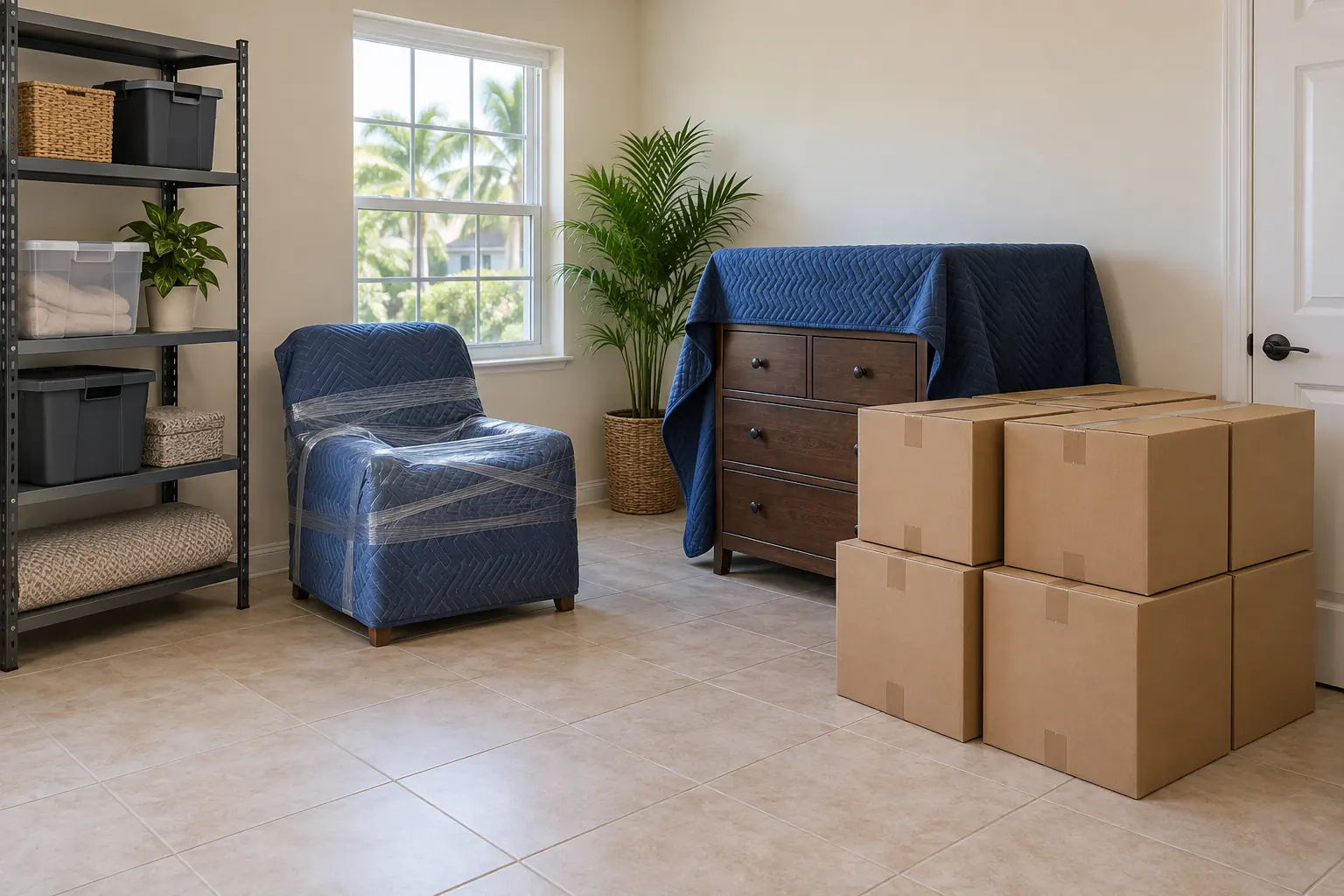 Keeping belongings organized Neatly grouped boxes and protected furniture remain indoors in a clean storage room